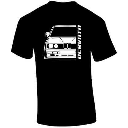 BMW E28 5er T-Shirt Vorderseite mit Schriftzug, schwarzes Car Shirt Design