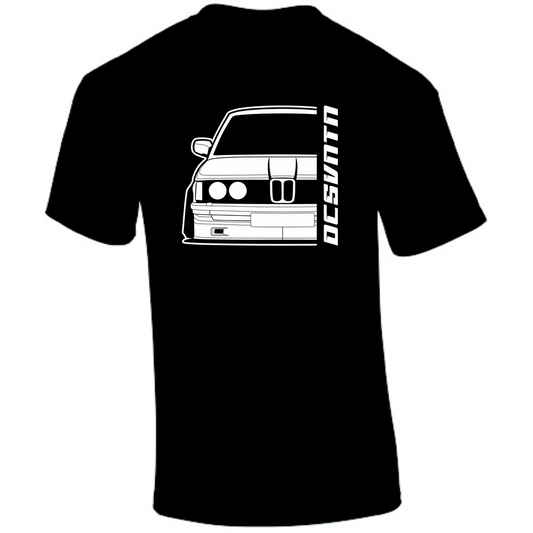 BMW E21 T-Shirt Vorderseite mit Schriftzug, schwarzes Car Shirt Design
