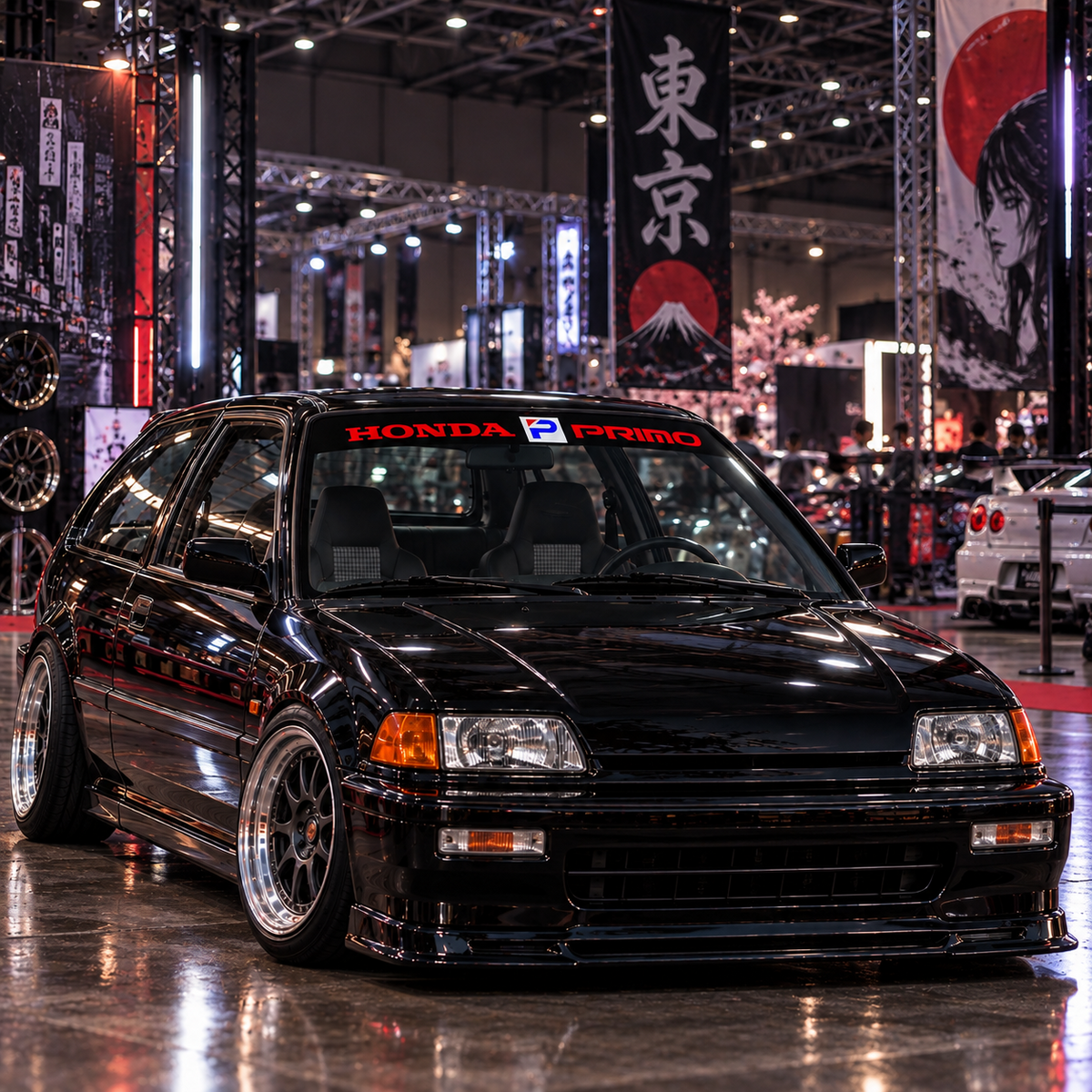 Honda Primo Banner Schwarz am Fahrzeug
